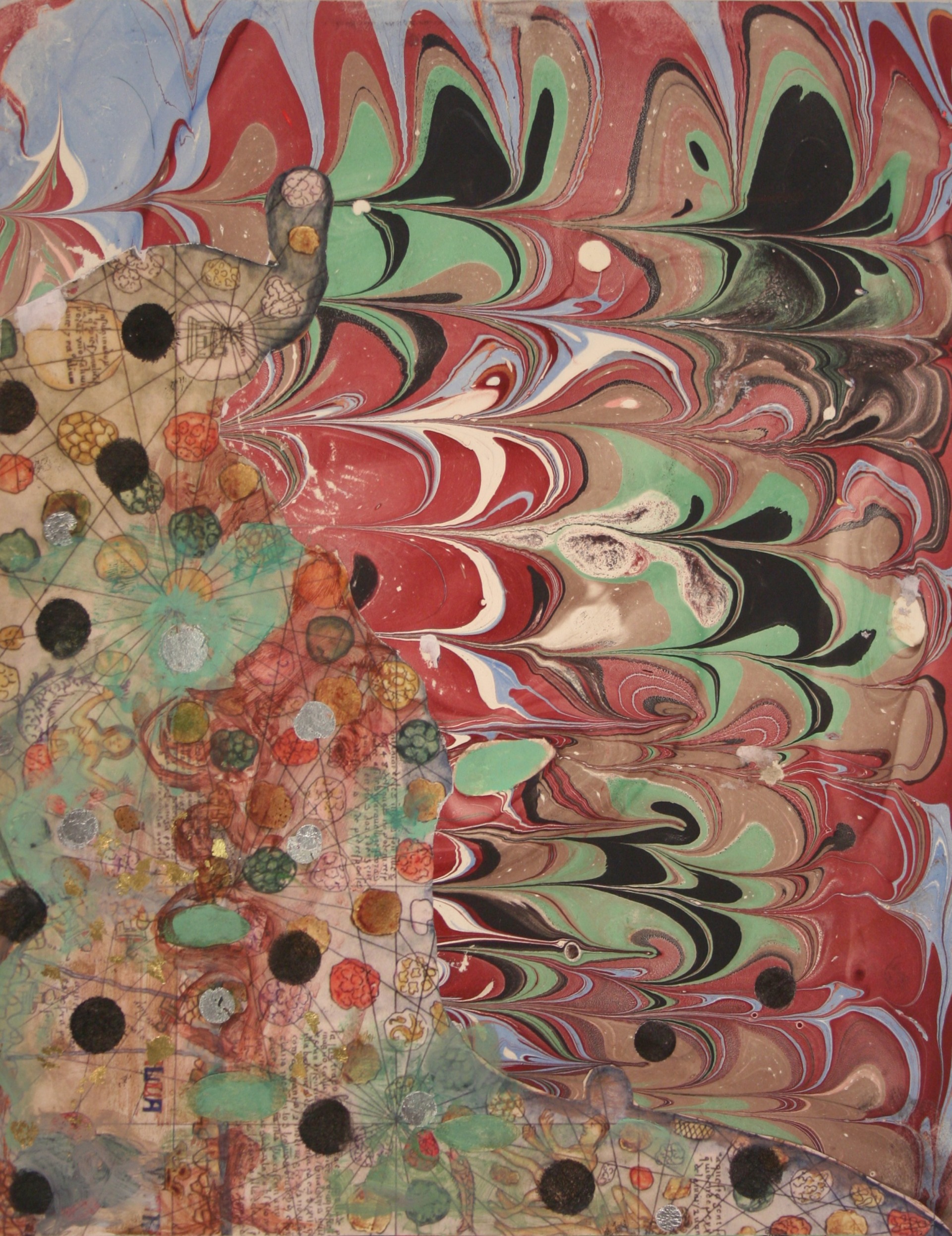 Ken Buhler, Faithful Compass Series #5: Catalan Atlas 1375, 2020. marbled paper, watercolor, antique map fragments, metal leaf